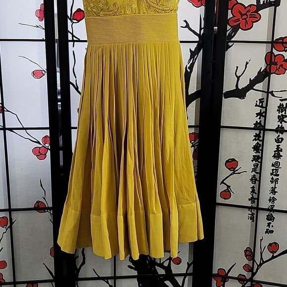 Anthropologie Anita Dongre Mustard Yellow Embroidered Pleated Cotton Dress. - Picture 5 of 14